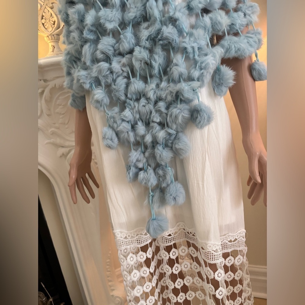 Light Blue Fluffy Rabbit Fur Shawl Wrap - Picture 6 of 11